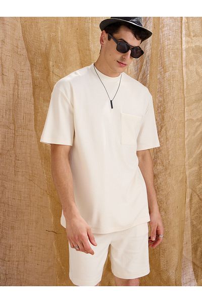 Mascln Sassafras By Styli Men White Waffle Textured Pocket Detail Oversized T-Shirt and Shorts Co-Ords