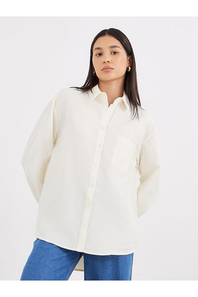 Styli Beige High-Low Hem Plain Collared Shirt