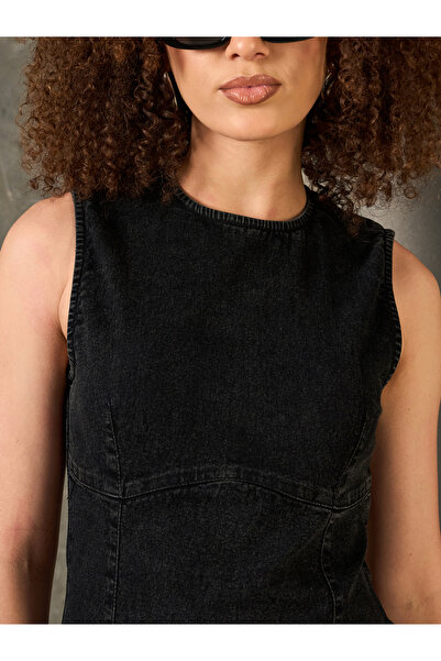 Sassafras By Styli Women Black Washed Denim Sleeveless Sheath Mini Dress