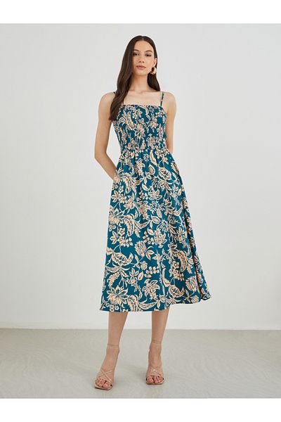 Styli Floral Print A-Line Smocking Detail Maxi Dress