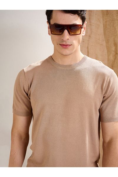 Mascln Sassafras By Styli Beige Premium Knit Short Sleeve T-Shirt