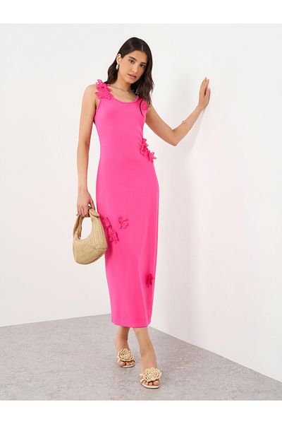 Styli Pink Floral Lace Applique Sleeveless Midi Dress