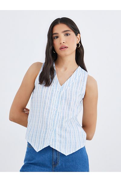 Styli Striped V-Neck Sleeveless Top