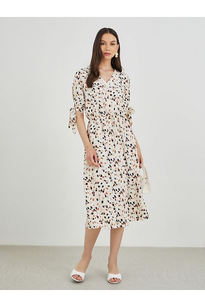 Styli Printed V-Neck Midi Dress with Tie-Up Detail