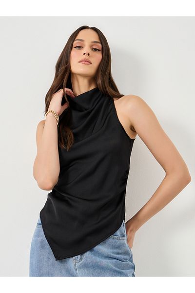 Styli Women Black Turtle Neck Asymmetric Hem Blouse