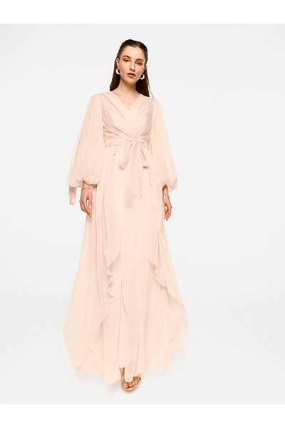 House of Moda By Styli Pleated Balloon Sleeve Waist Tie-Up A-Line Maxi Dress