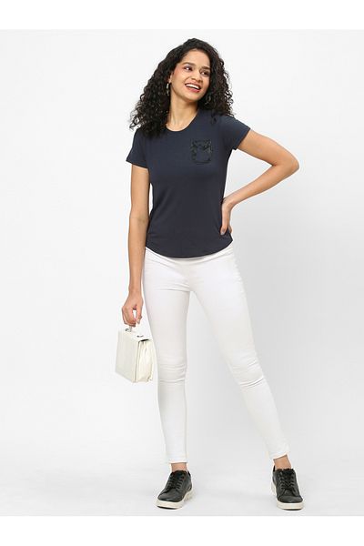 Mish By Styli Women Navy Blue Embellished Detail Short Sleeve T-Shirt
