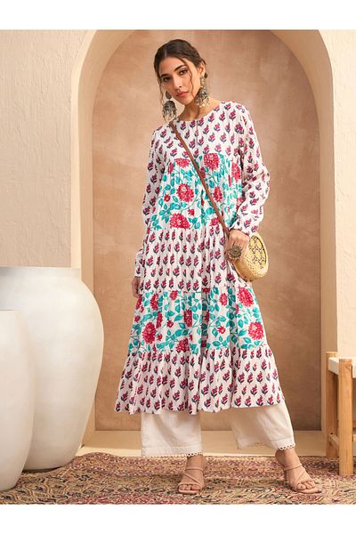 Sassafras By Styli White Floral Print Tiered Kurta