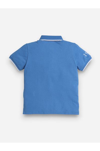 Victor and Jane By Styli Boys Blue Embroidered Detail Short Sleeve Polo T-Shirt