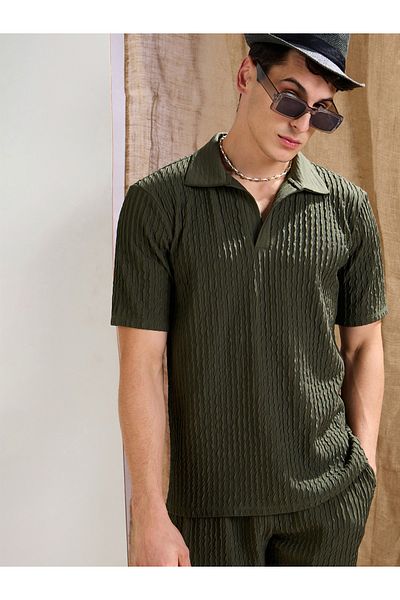 Mascln Sassafras By Styli Olive Textured Relaxed Fit Polo Neck T-Shirt
