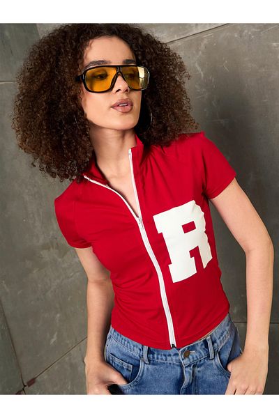 Sassafras By Styli Red Front Zipper Initial Print Fitted T-Shirt