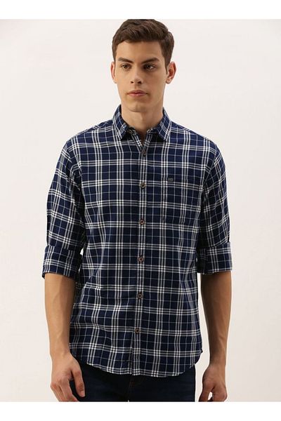 The Indian Garage Co By Styli Men Navy Blue Slim Fit Checked Casual Shirt
