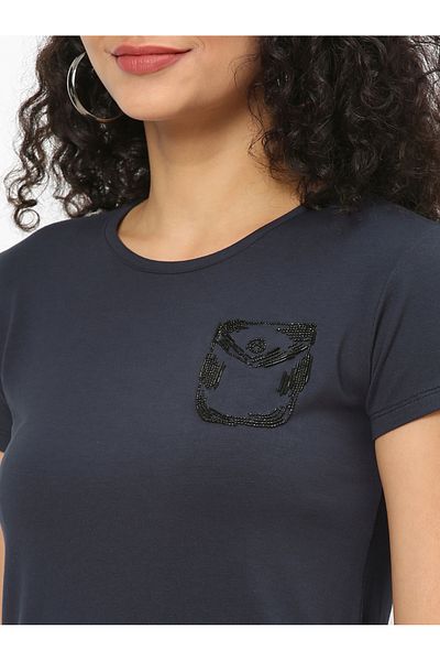 Mish By Styli Women Navy Blue Embellished Detail Short Sleeve T-Shirt