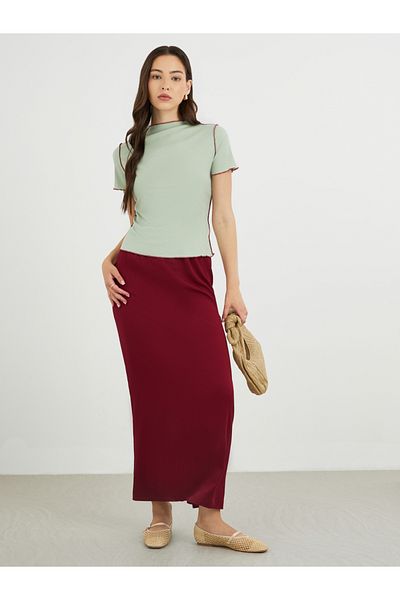 Styli Green Ribbed High Neck Slim Fit Top