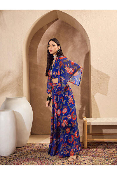 Sassafras By Styli Blue Floral Print V-Neck Crop Top with Anarkali Skirt Co-Ords