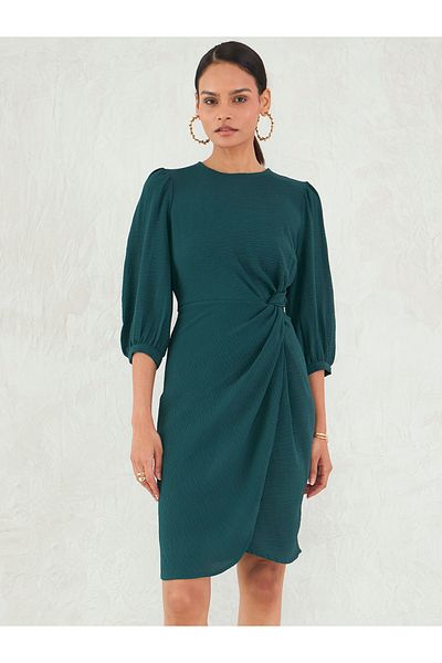 Styli Green Crinkled Knot Detail A-Line Knee-Length Dress