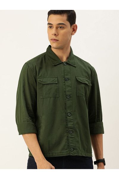 The Indian Garage Co By Styli Men Olive Boxy Fit Casual Shirt with Flap Pocket