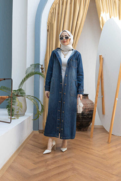 Neways 6329-Taşlı Denim Kapşonlu Kap Koyu Mavi