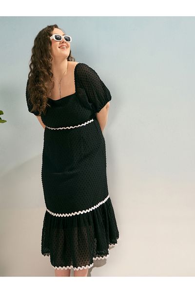 Sassafras By Styli Plus Black Dobby Smocked Midi Dress