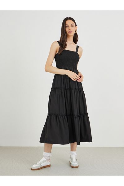 Styli Solid Smocking Detail A-Line Strappy Midi Dress
