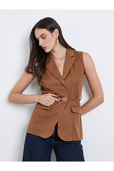 Styli Solid Notch Label Neck Waistcoat with Belt