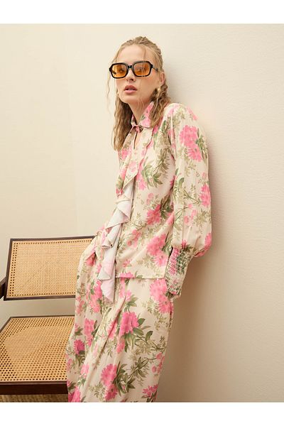 Sassafras By Styli Beige Ruffled Floral Top and Wide Leg Pants Co-Ords