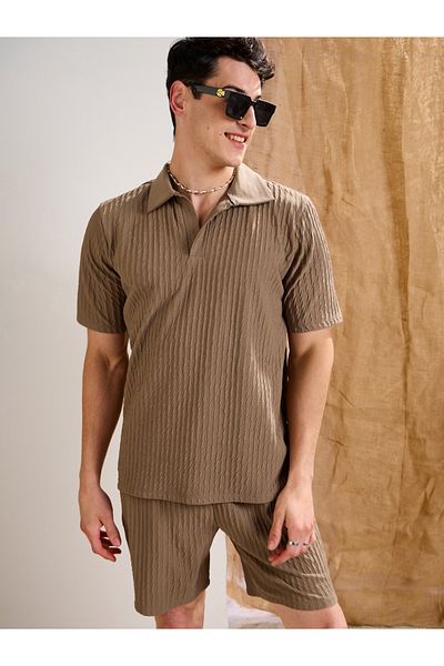 Mascln Sassafras By Styli Men Beige Textured Relaxed Fit Polo T-Shirt and Shorts Co-Ords