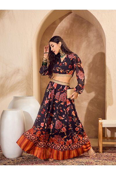 Sassafras By Styli Black Floral Print Wrap Crop Top with Anarkali Skirt Co-Ords