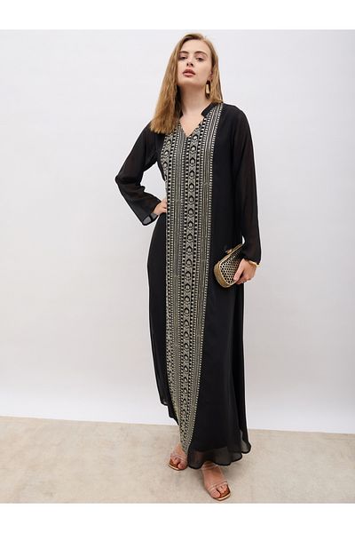 Styli Sequin Embroidered Panelled Jalabiya with Collar