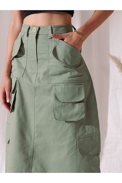STREET 9 By Styli Pure Cotton Straight Midi Skirt with Pockets Detail