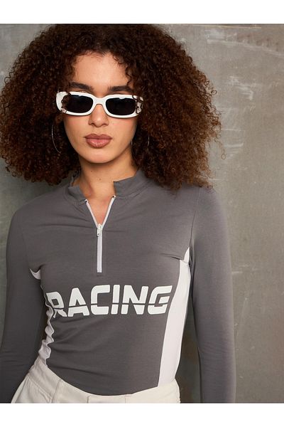 Sassafras By Styli Grey Racing Print High Neck Fitted T-Shirt