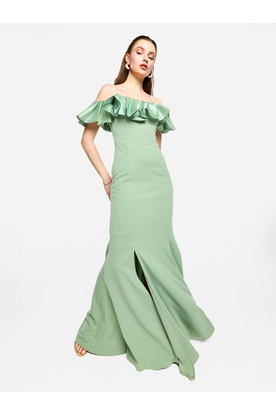 House of Moda By Styli Off Shoulder Ruffled Detail Mermaid Hem Maxi Dress