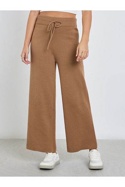 Styli Flat Knit Wide Leg Pants with Drawstring Waist