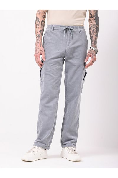 British Club By Styli Men Grey Straight Fit Corduroy Cargo Trousers