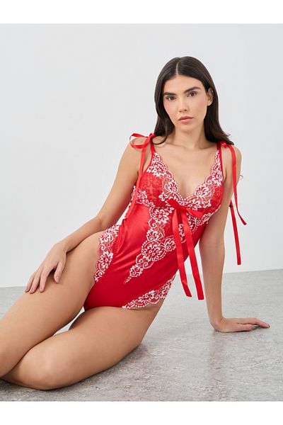 Styli Embroidered Floral Lace Panel Bodysuit with Bow Detail