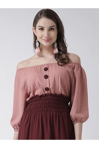 Kassually By Styli Color Block Off Shoulder Knee-Length Dress