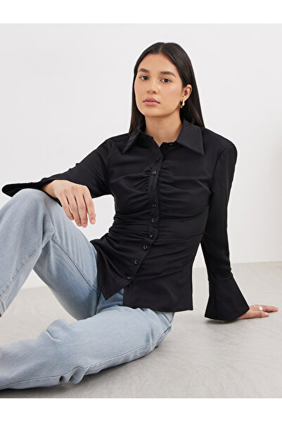 Styli Black Gathered Shirt with Bell Sleeve