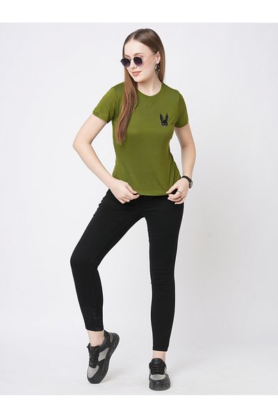Mish By Styli Women Olive Embellished Bunny Detail Short Sleeve T-Shirt