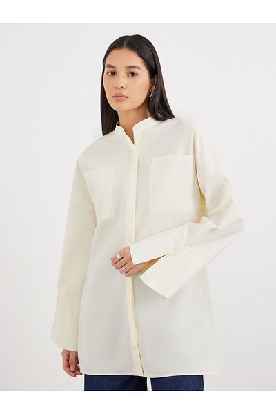 Styli Cream Relaxed Fit Longline Shirt with Pockets