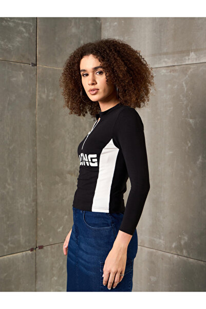 Sassafras By Styli Black Racing Print High Neck Fitted T-Shirt