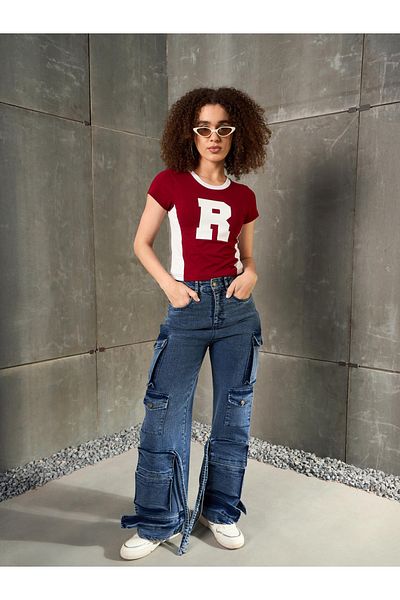 Sassafras By Styli Maroon Contrast Panel Initial Print Fitted T-Shirt