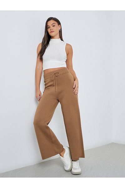 Styli Flat Knit Wide Leg Pants with Drawstring Waist
