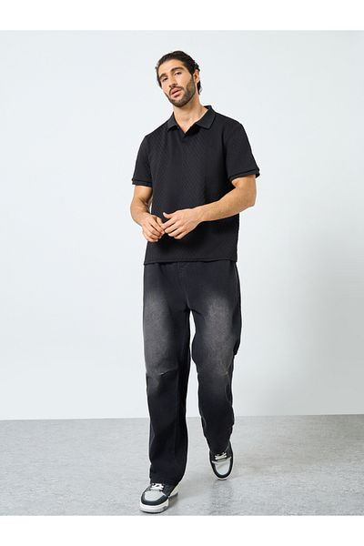 Styli Black Textured Regular Fit Polo T-Shirt