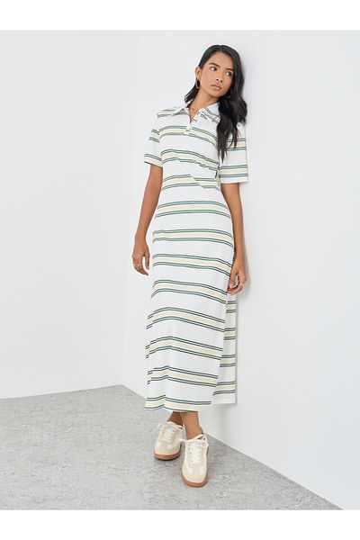 Styli Stripes Short Sleeve Polo Neck Midi Dress