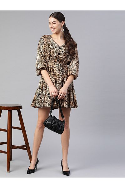 Kassually By Styli Women Animal Print V Neck Fit and Flare Mini Dress