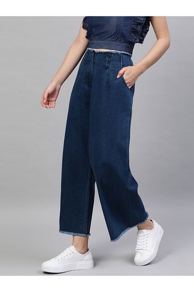 STREET 9 By Styli Mid Rise Wide Leg Raw Hem Trousers
