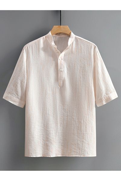 Styli Solid Textured Stand Collar Shirt with Half Placket