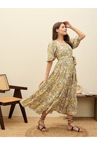 Sassafras By Styli Beige Paisley Print Belted Maxi Dress