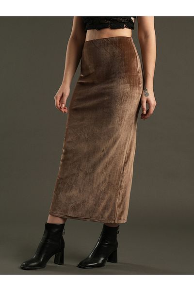 Globus By Styli Velvet Look High Rise Stretchable Pencil Midi Skirt