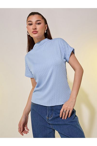 Styli Blue Textured High Neck T-Shirt